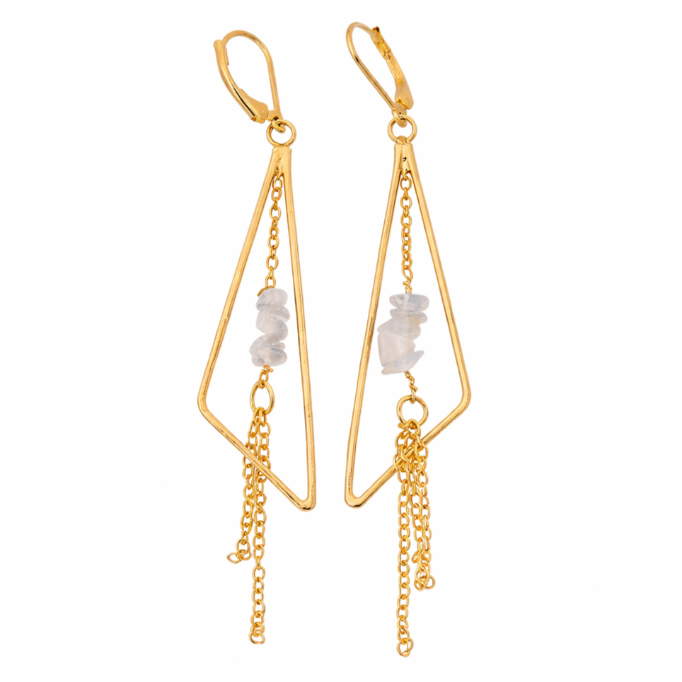Aretes geométricos con cuarzo lechoso y cadenas - AR12