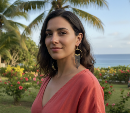 Aretes Círculo Dorado con Cadenas Negras-AR02