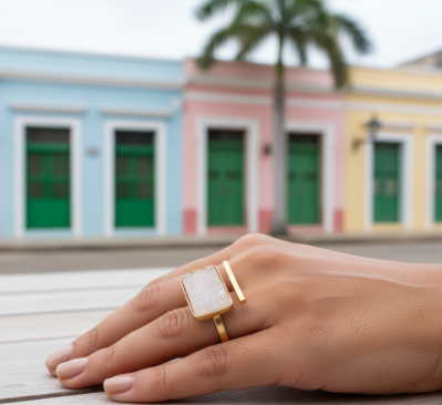 Anillo Rectangular Drusa Blanca